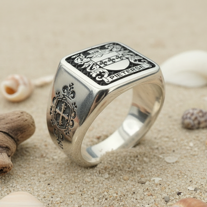 Stainless steel Ring with family crest and name 'Pieterse' 